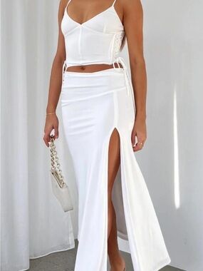 White Fox Boutique set White High-Slit Maxi Skirt with Corset-Side detail top